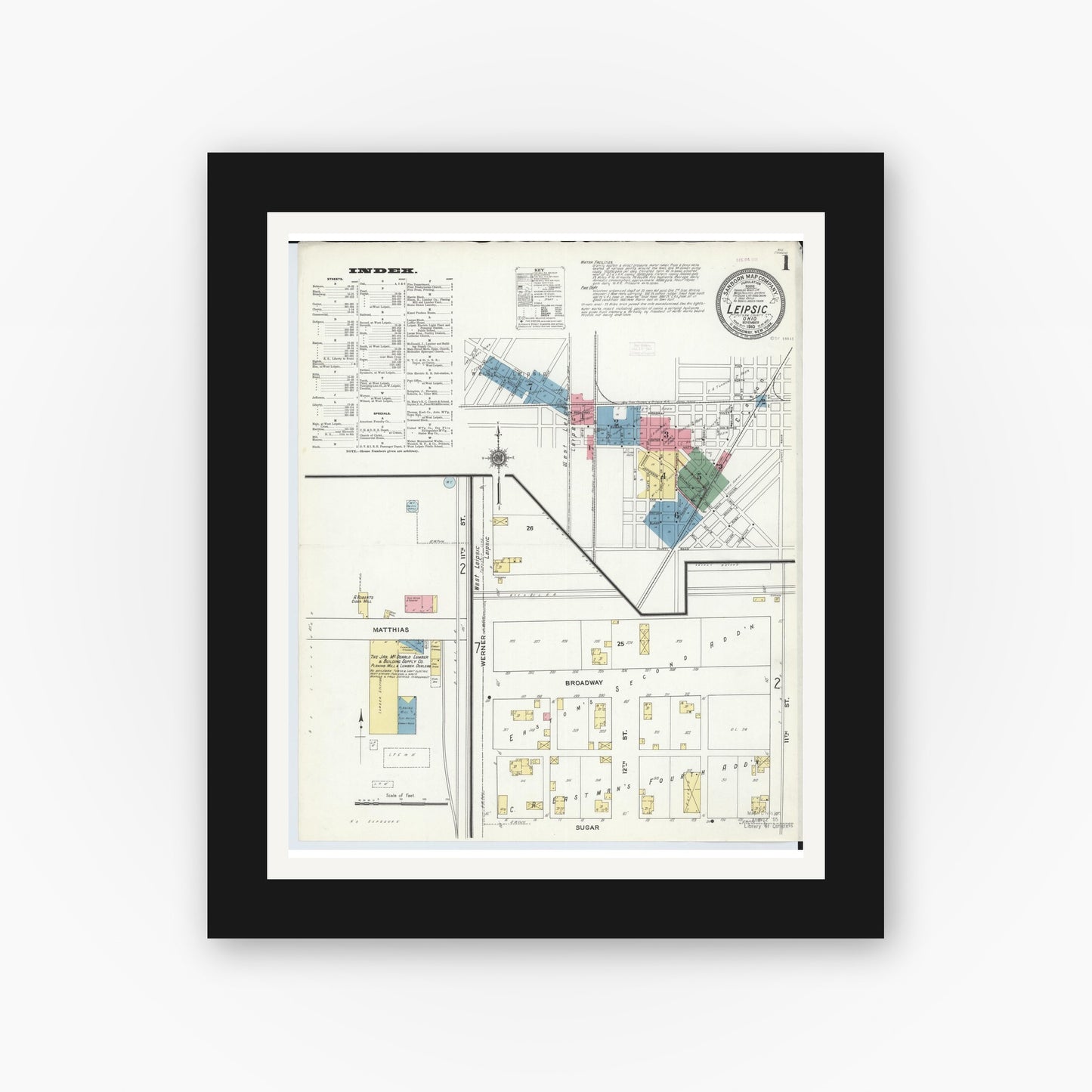 Old map wall art mockup — black gallery frame with white mat — Sanborn Fire Insurance Map from Leipsic, Putnam County, Ohio (1910), Sheet #0001