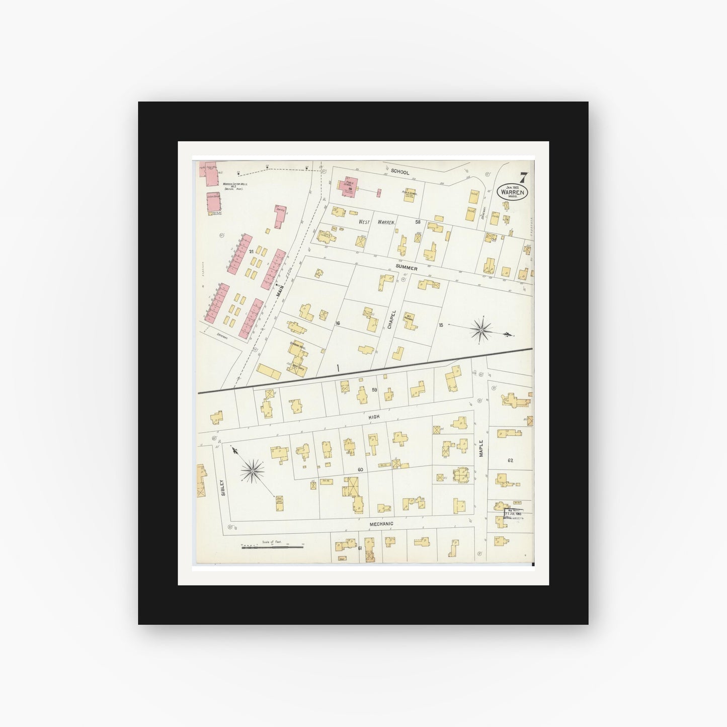 Old map wall art mockup — black gallery frame with white mat — Sanborn Fire Insurance Map from Warren, Worcester County, Massachusetts (1902), Sheet #0007