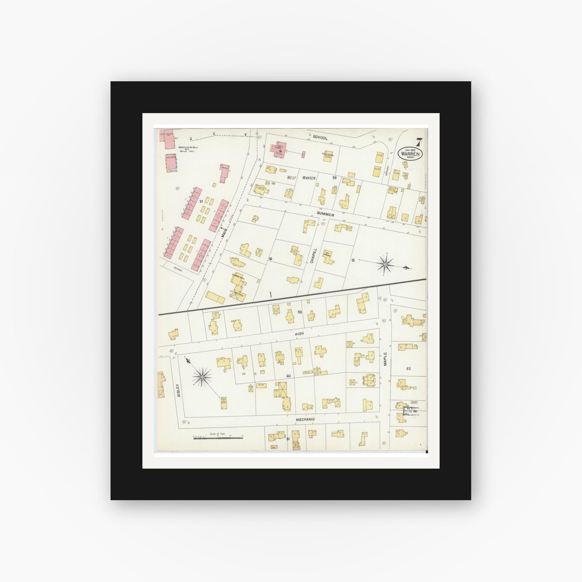 Old map wall art mockup — black gallery frame with white mat — Sanborn Fire Insurance Map from Warren, Worcester County, Massachusetts (1902), Sheet #0007