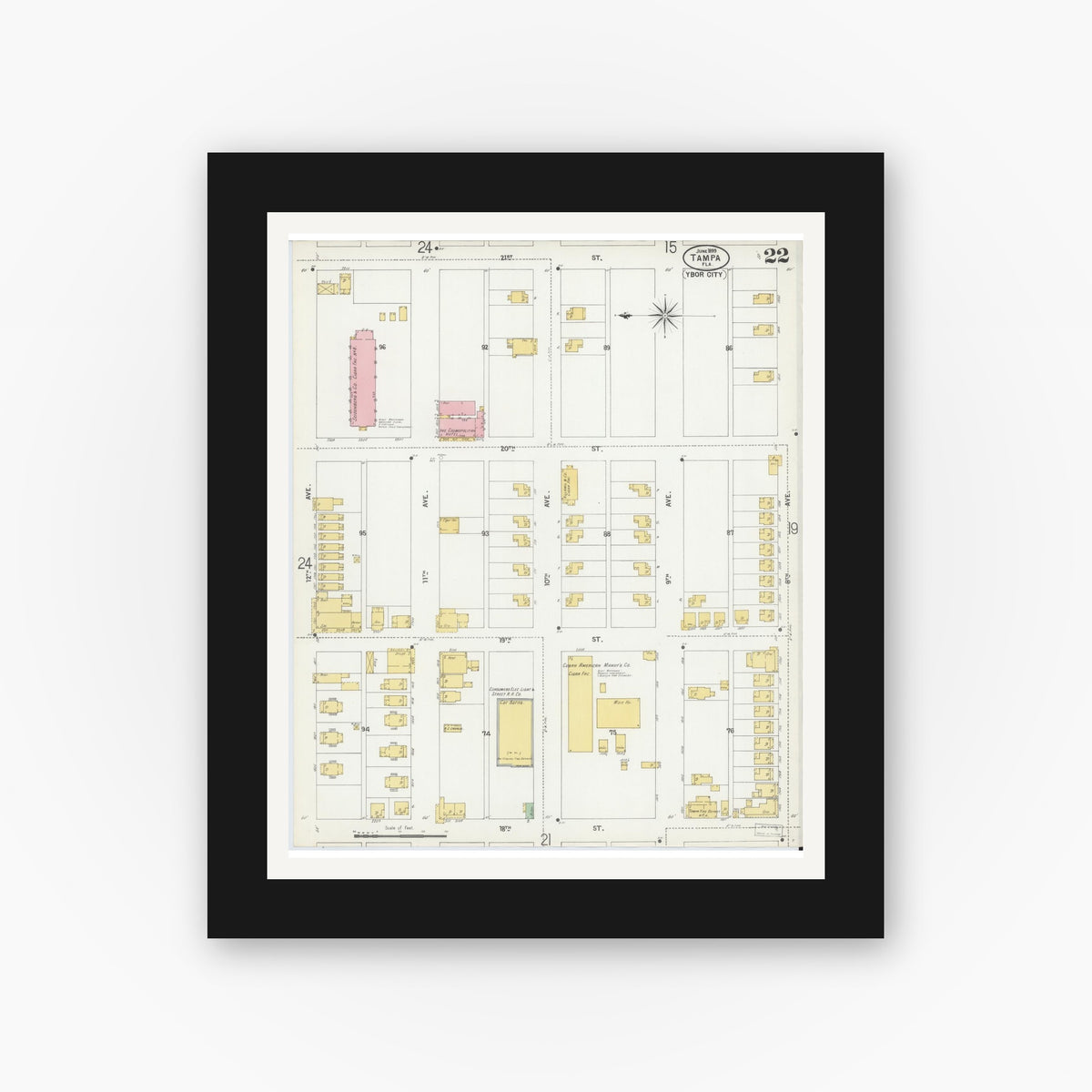 Old map wall art mockup — black gallery frame with white mat — Sanborn Fire Insurance Map from Tampa, Hillsborough County, Florida (1899), Sheet #0022
