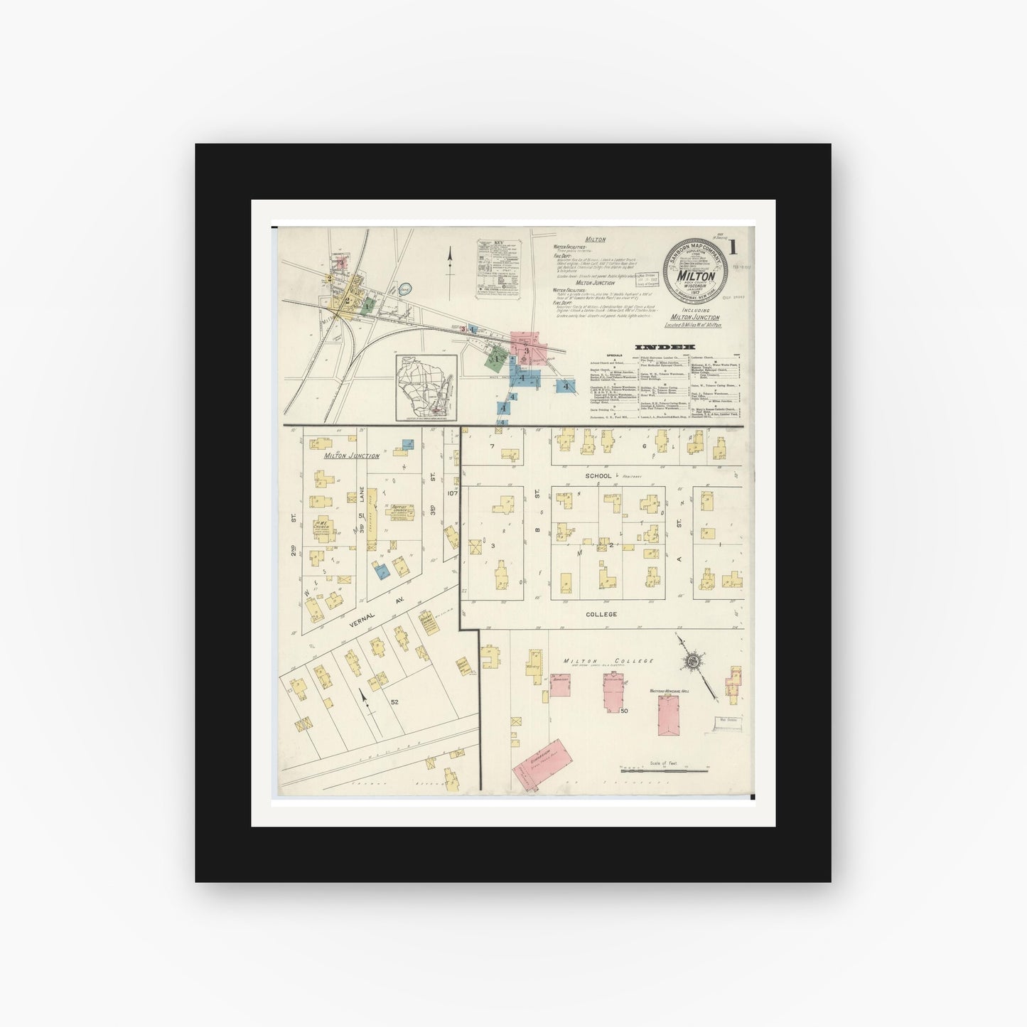 Old map wall art mockup — black gallery frame with white mat — Sanborn Fire Insurance Map from Milton, Rock County, Wisconsin (1917), Sheet #0001