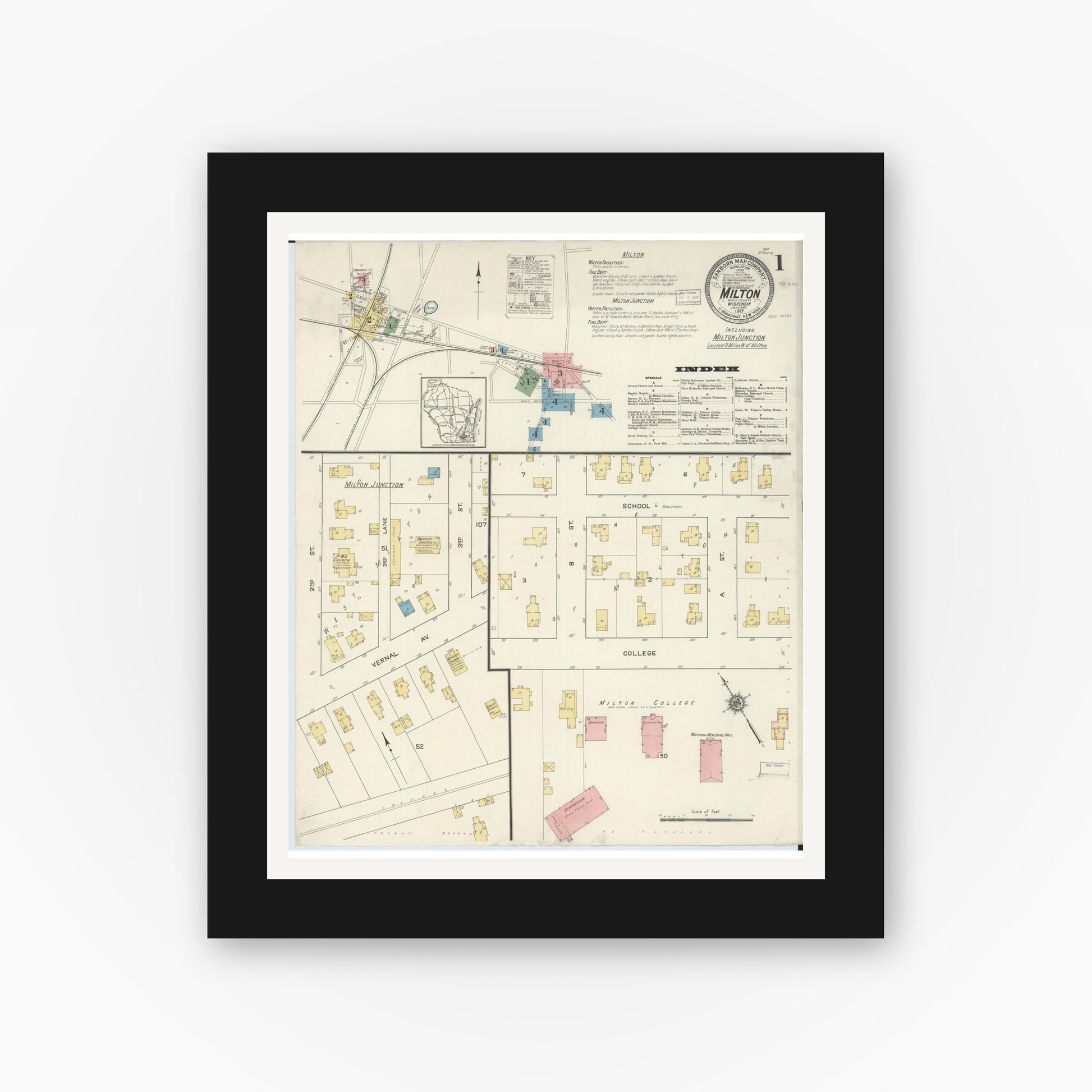Old map wall art mockup — black gallery frame with white mat — Sanborn Fire Insurance Map from Milton, Rock County, Wisconsin (1917), Sheet #0001