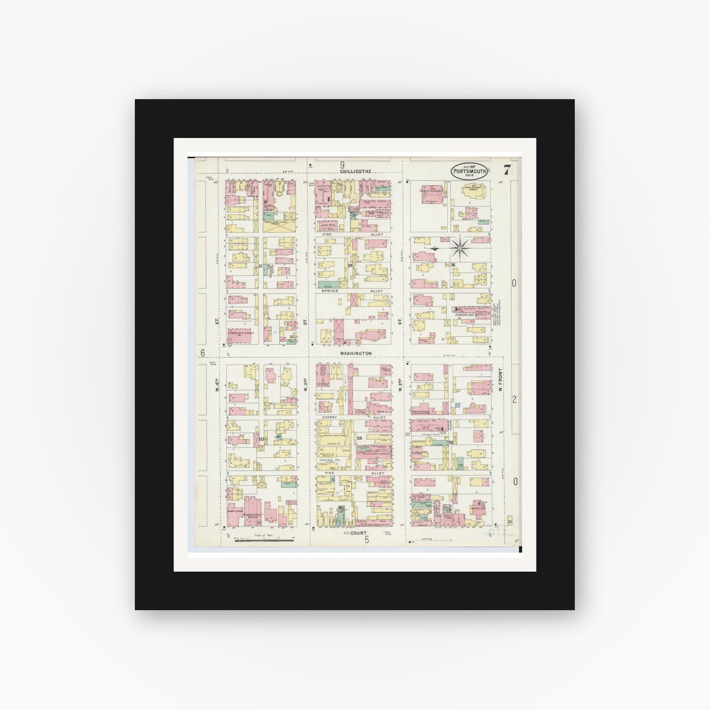 Old map wall art mockup — black gallery frame with white mat — Sanborn Fire Insurance Map from Portsmouth, Scioto County, Ohio (1897), Sheet #0007
