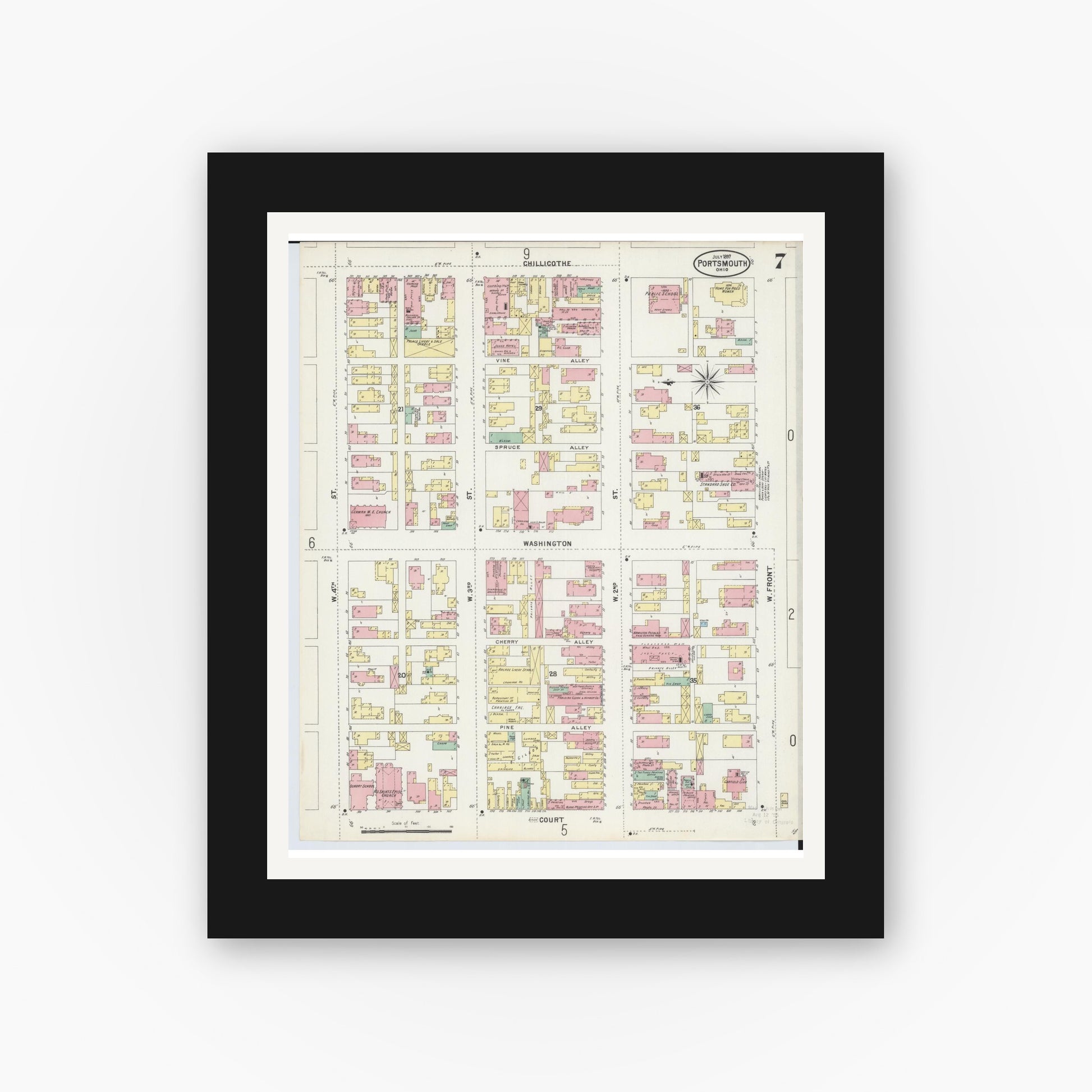 Old map wall art mockup — black gallery frame with white mat — Sanborn Fire Insurance Map from Portsmouth, Scioto County, Ohio (1897), Sheet #0007