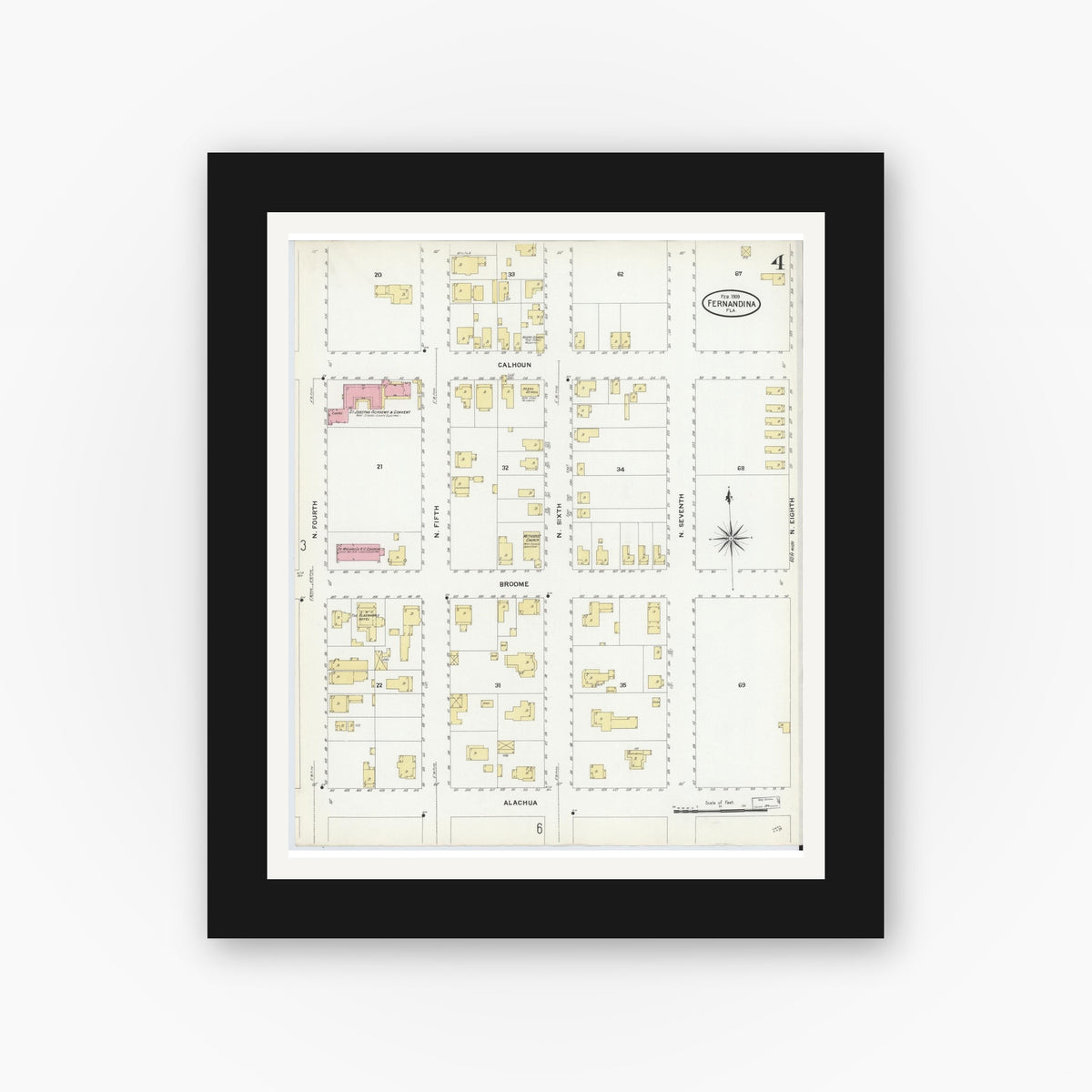 Old map wall art mockup — black gallery frame with white mat — Sanborn Fire Insurance Map from Fernandina, Nassau County, Florida (1909), Sheet #0004