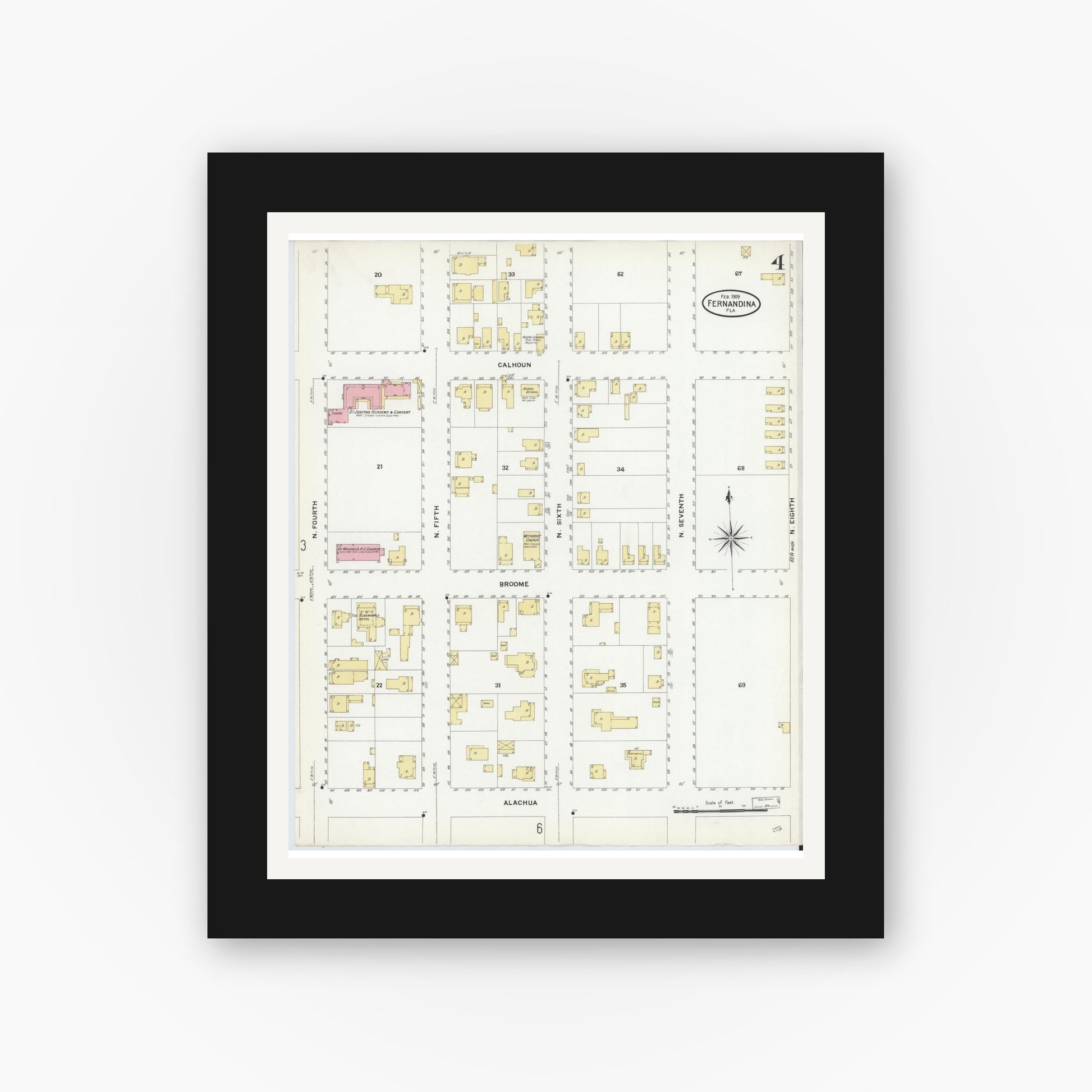 Old map wall art mockup — black gallery frame with white mat — Sanborn Fire Insurance Map from Fernandina, Nassau County, Florida (1909), Sheet #0004
