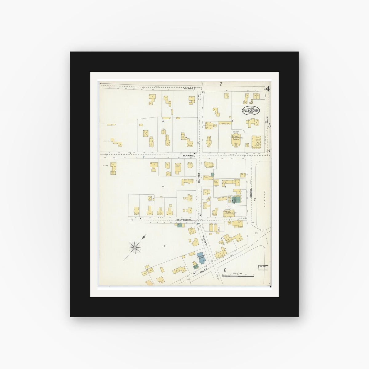 Old map wall art mockup — black gallery frame with white mat — Sanborn Fire Insurance Map from Foxboro, Norfolk County, Massachusetts (1903), Sheet #0004