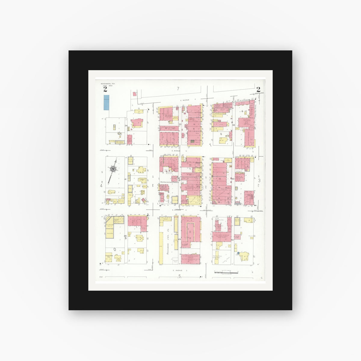 Old map wall art mockup — black gallery frame with white mat — Sanborn Fire Insurance Map from Rosenberg, Fort Bend County, Texas (1942), Sheet #0002