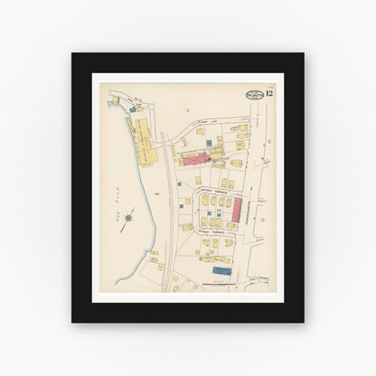 Old map wall art mockup — black gallery frame with white mat — Sanborn Fire Insurance Map from Arlington, Middlesex County, Massachusetts (1922), Sheet #0012