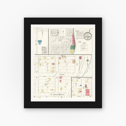 Old map wall art mockup — black gallery frame with white mat — Sanborn Fire Insurance Map from Le Claire, Scott County, Iowa (1922), Sheet #0001