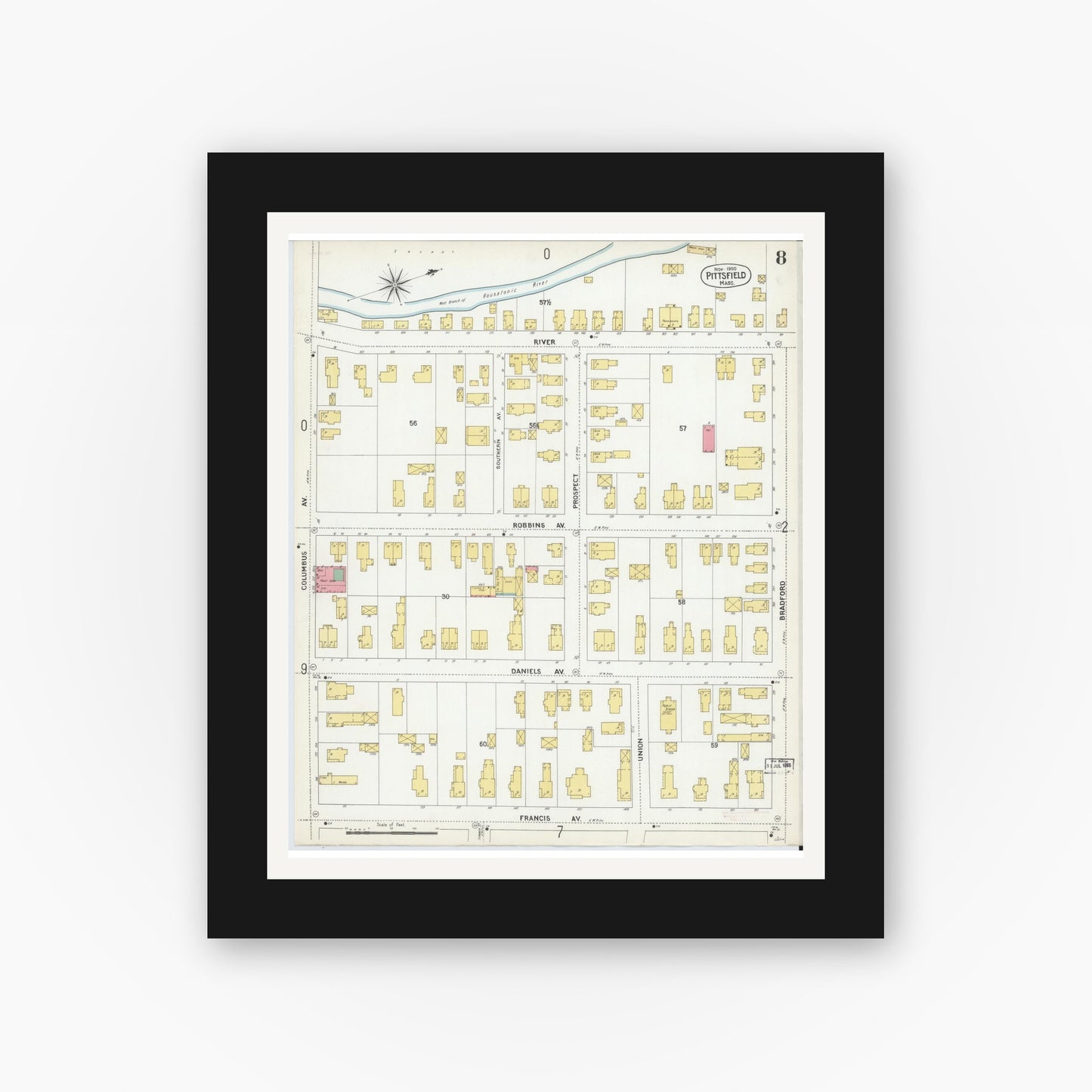 Old map wall art mockup — black gallery frame with white mat — Sanborn Fire Insurance Map from Pittsfield, Berkshire County, Massachusetts (1900), Sheet #0008