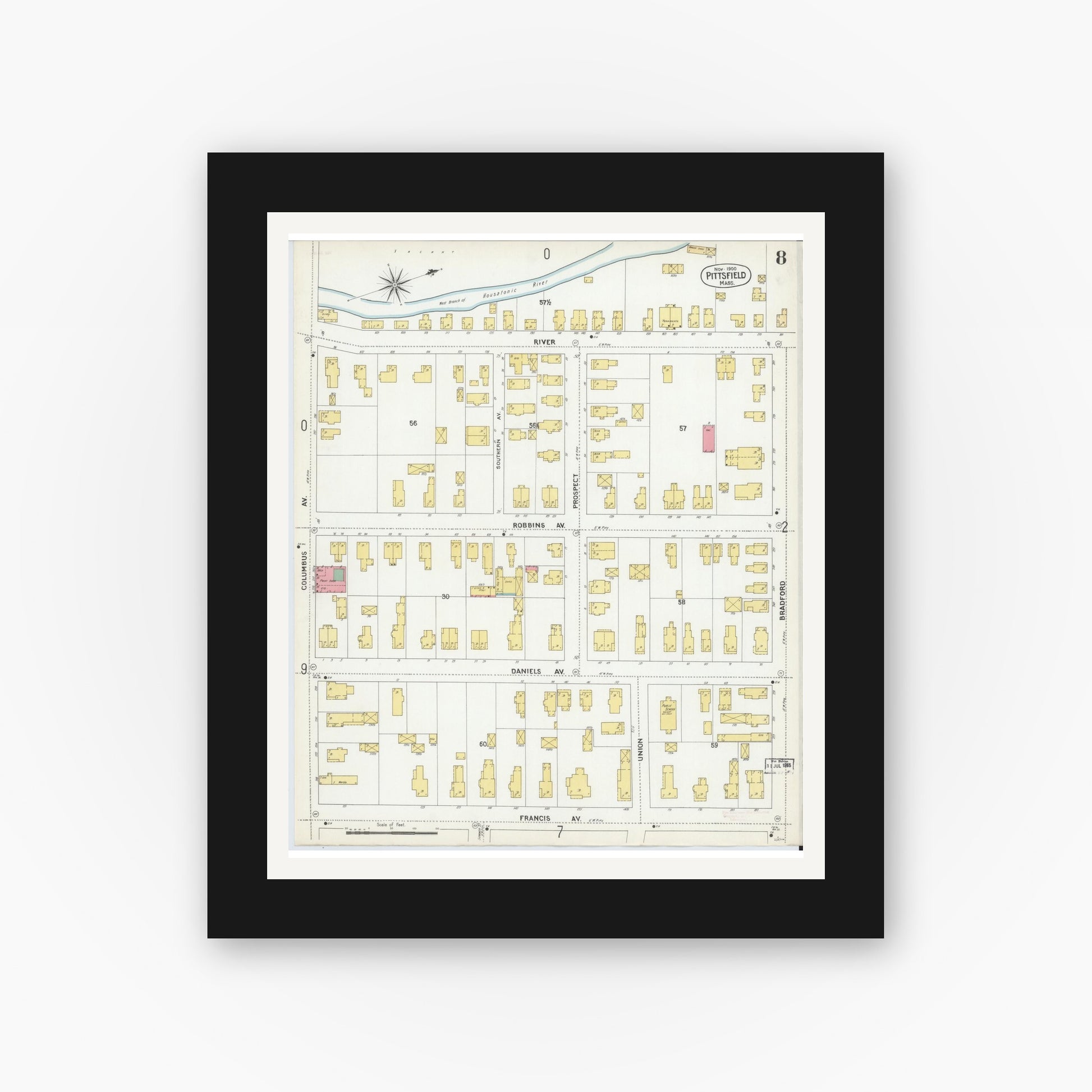 Old map wall art mockup — black gallery frame with white mat — Sanborn Fire Insurance Map from Pittsfield, Berkshire County, Massachusetts (1900), Sheet #0008