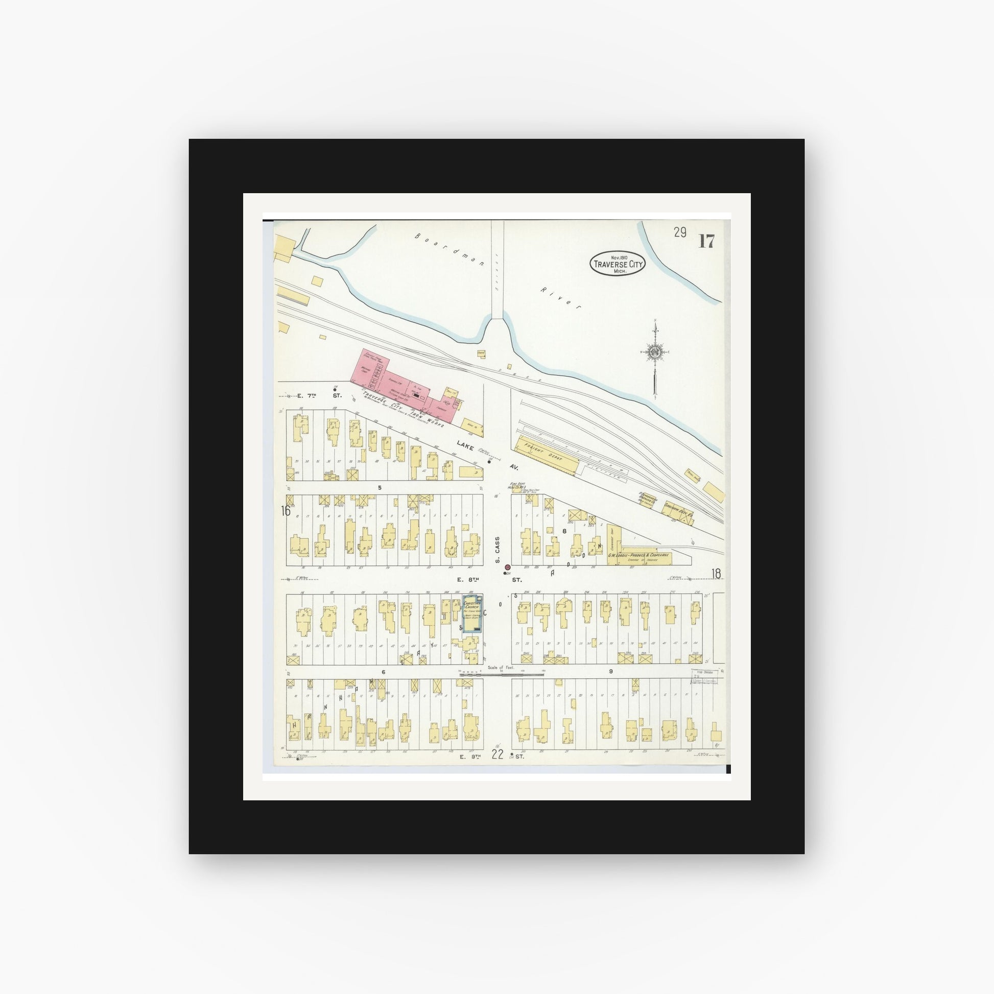 Old map wall art mockup — black gallery frame with white mat — Sanborn Fire Insurance Map from Traverse City, Grand Traverse County, Michigan (1910), Sheet #0017