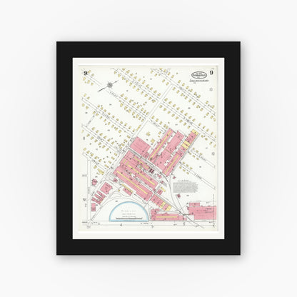Old map wall art mockup — black gallery frame with white mat — Sanborn Fire Insurance Map from Kannapolis, Rowan And Cabarrus Counties, North Carolina (1926), Sheet #0009