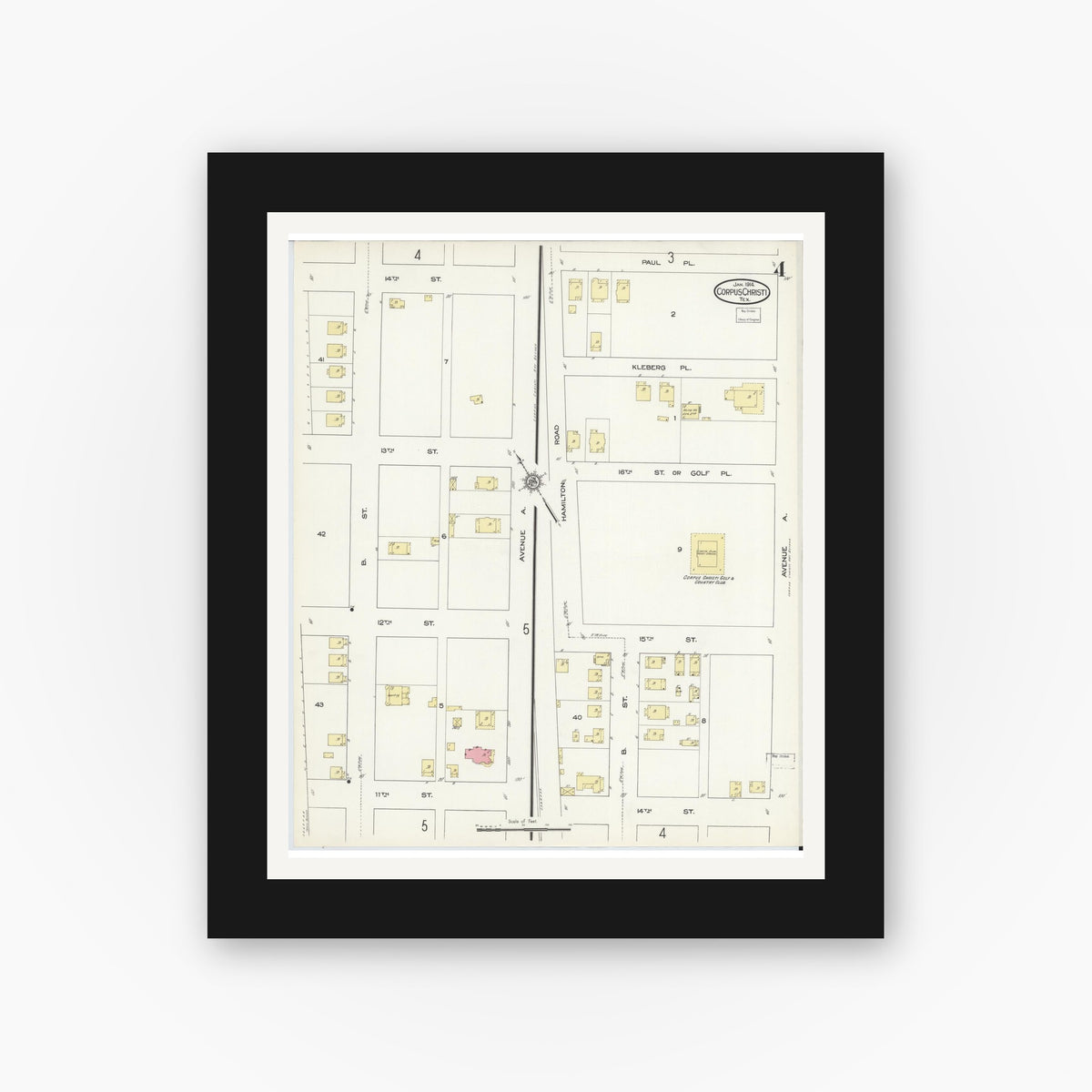 Old map wall art mockup — black gallery frame with white mat — Sanborn Fire Insurance Map from Corpus Christi, Nueces County, Texas (1914), Sheet #0004