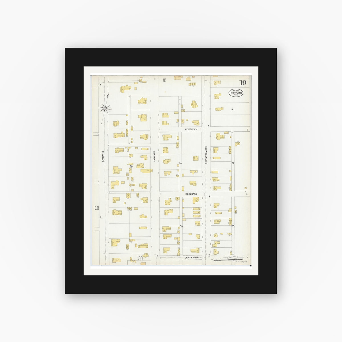 Old map wall art mockup — black gallery frame with white mat — Sanborn Fire Insurance Map from Sherman, Grayson County, Texas (1902), Sheet #0019