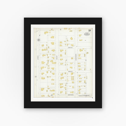 Old map wall art mockup — black gallery frame with white mat — Sanborn Fire Insurance Map from Sherman, Grayson County, Texas (1902), Sheet #0019