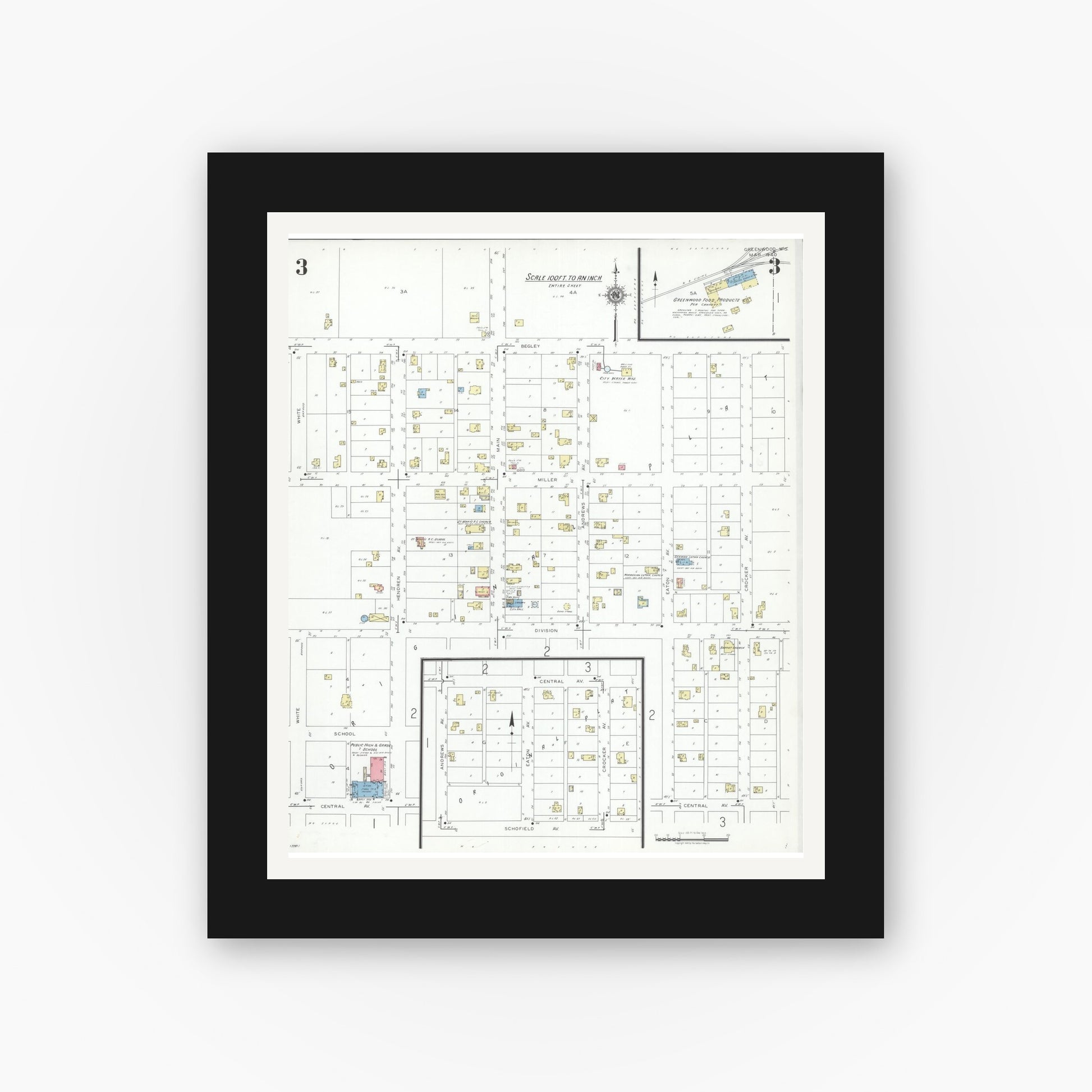 Old map wall art mockup — black gallery frame with white mat — Sanborn Fire Insurance Map from Greenwood, Clark County, Wisconsin (1940), Sheet #0003