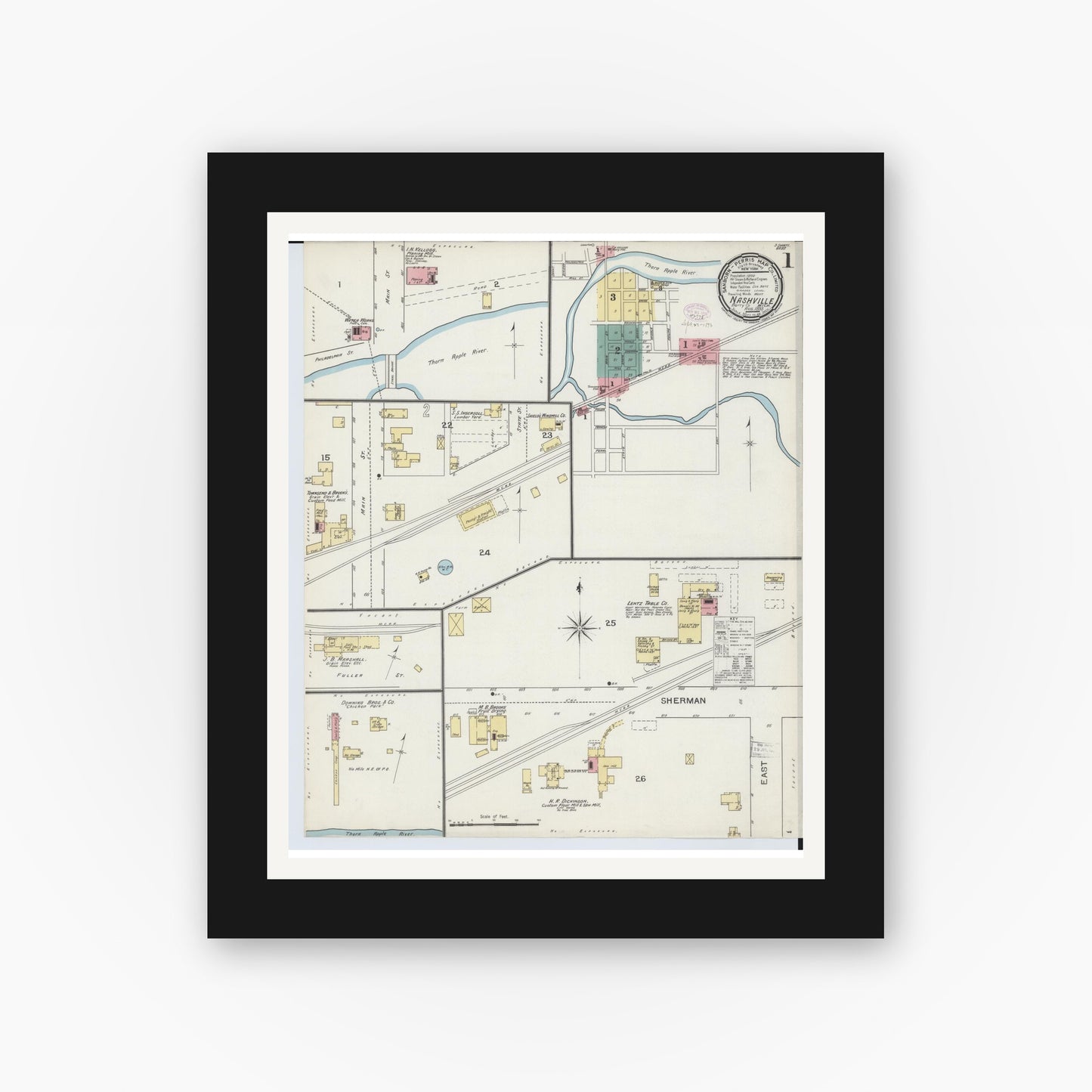 Old map wall art mockup — black gallery frame with white mat — Sanborn Fire Insurance Map from Nashville, Barry County, Michigan (1893), Sheet #0001