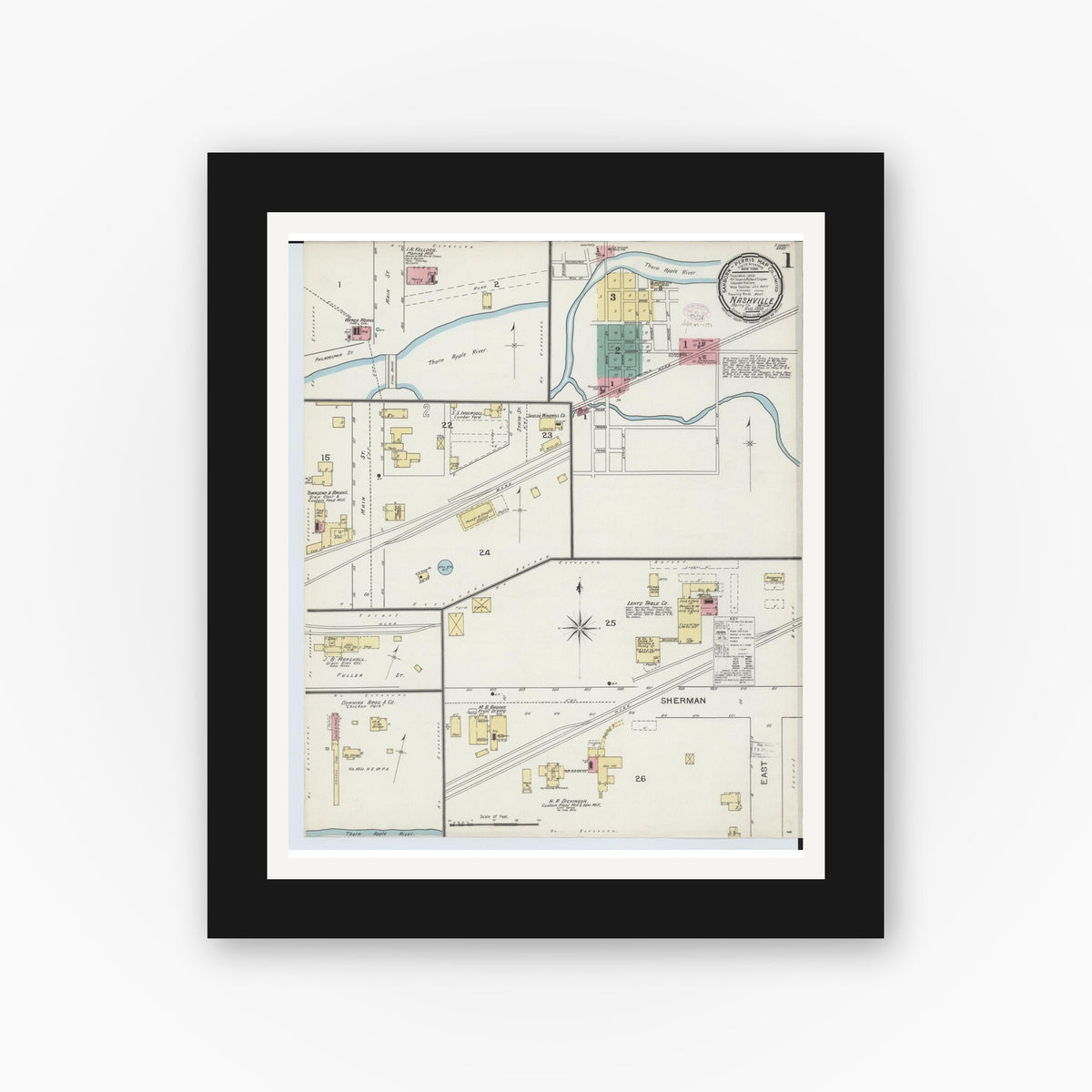 Old map wall art mockup — black gallery frame with white mat — Sanborn Fire Insurance Map from Nashville, Barry County, Michigan (1893), Sheet #0001