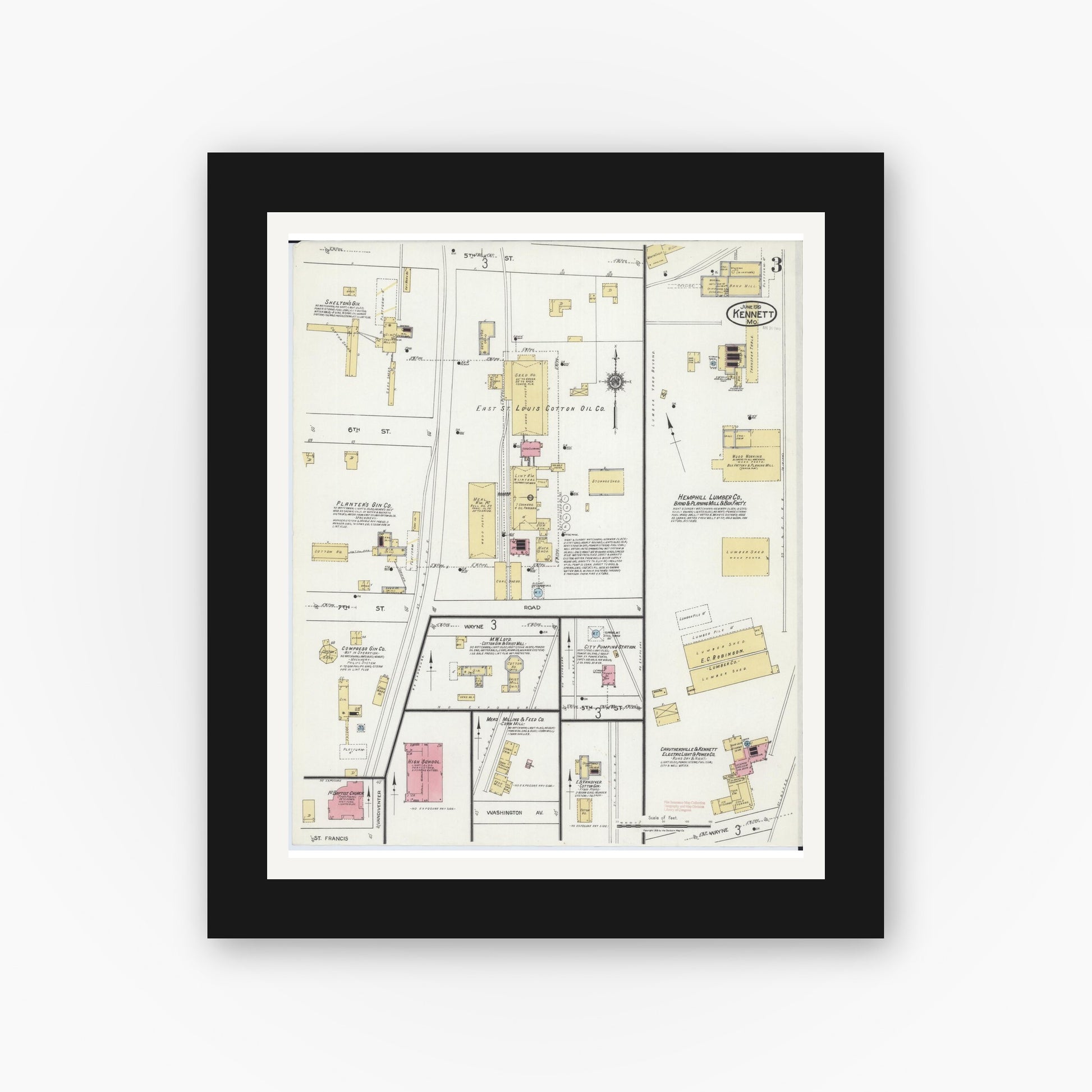 Old map wall art mockup — black gallery frame with white mat — Sanborn Fire Insurance Map from Kennett, Dunklin County, Missouri (1919), Sheet #0003