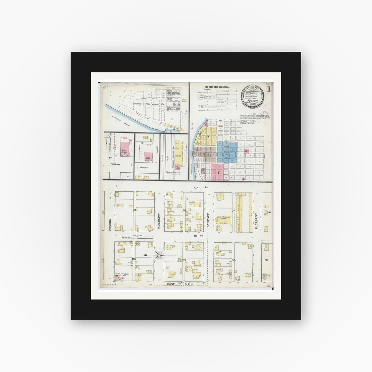 Old map wall art mockup — black gallery frame with white mat — Sanborn Fire Insurance Map from Fulton, Whiteside County, Illinois (1892), Sheet #0001