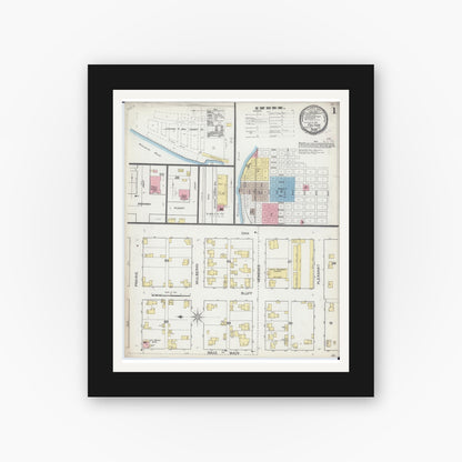 Old map wall art mockup — black gallery frame with white mat — Sanborn Fire Insurance Map from Fulton, Whiteside County, Illinois (1892), Sheet #0001