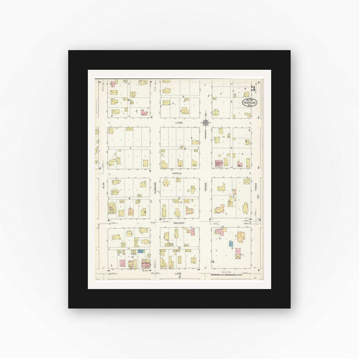 Old map wall art mockup — black gallery frame with white mat — Sanborn Fire Insurance Map from Horicon, Dodge County, Wisconsin (1913), Sheet #0003