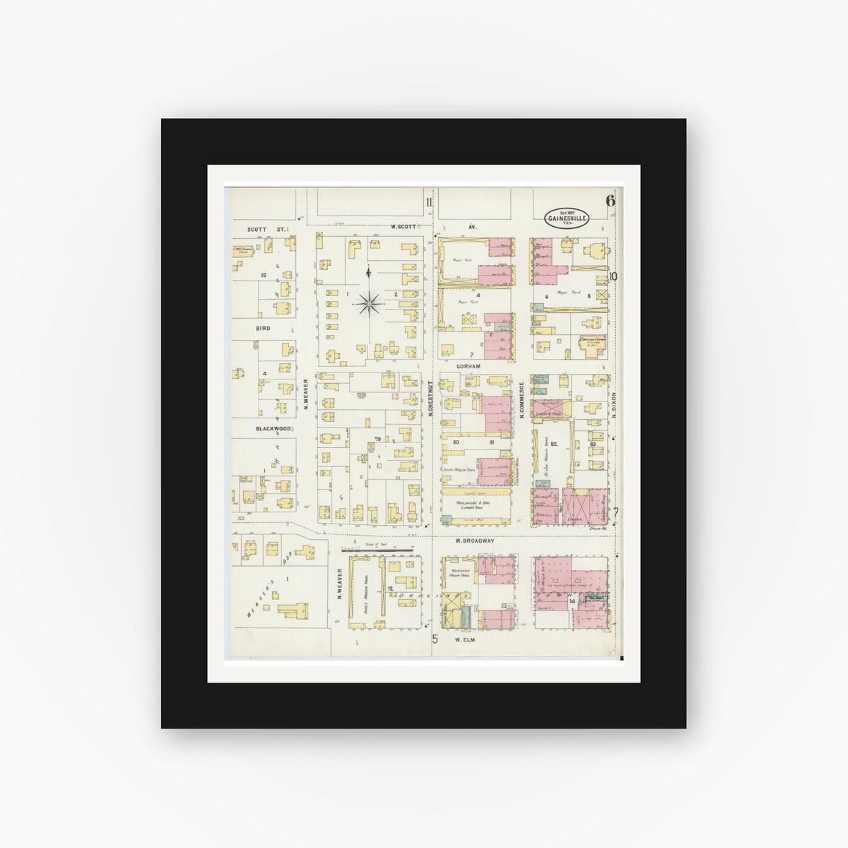 Old map wall art mockup — black gallery frame with white mat — Sanborn Fire Insurance Map from Gainesville, Cooke County, Texas (1897), Sheet #0006