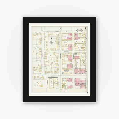 Old map wall art mockup — black gallery frame with white mat — Sanborn Fire Insurance Map from Gainesville, Cooke County, Texas (1897), Sheet #0006
