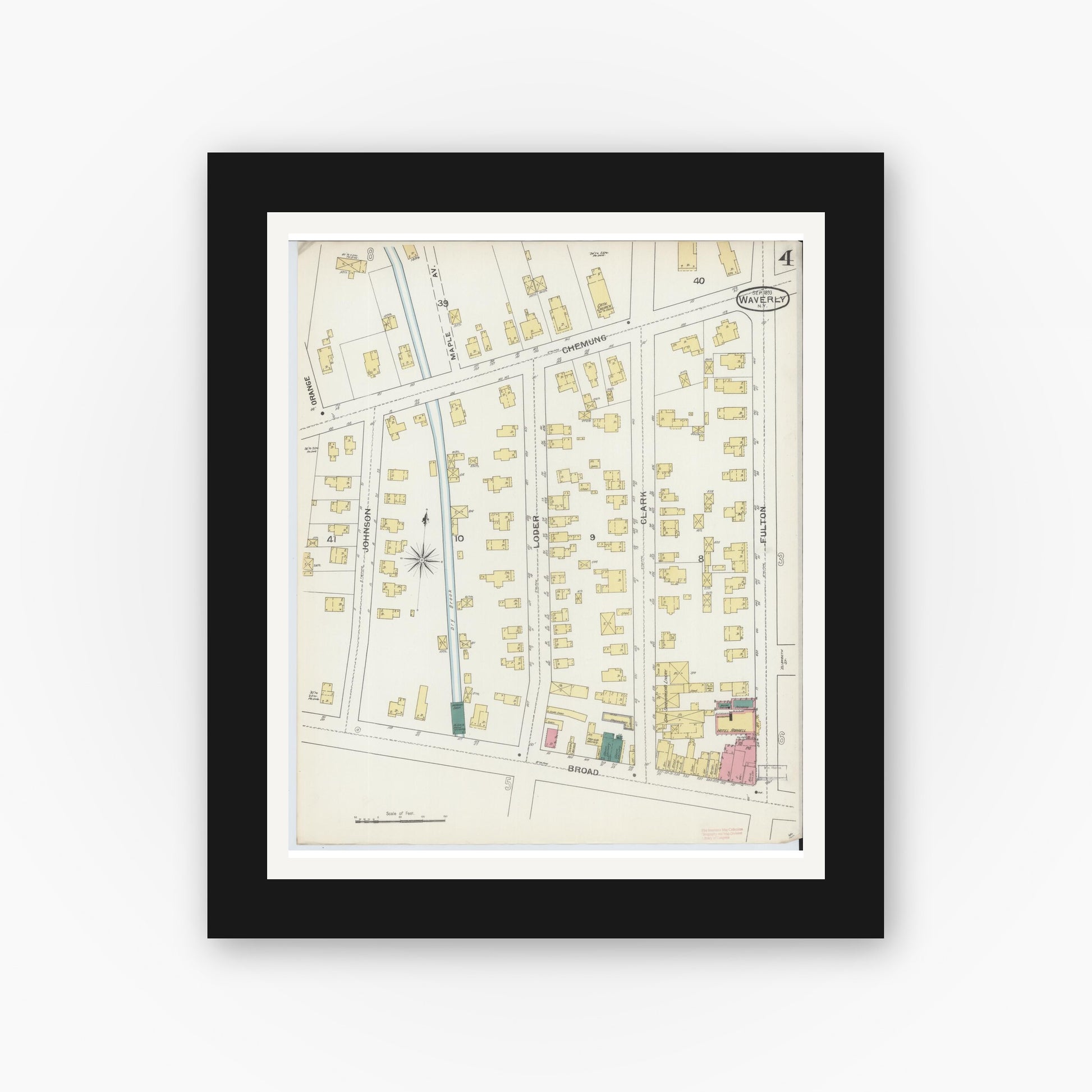 Old map wall art mockup — black gallery frame with white mat — Sanborn Fire Insurance Map from Waverly, Tioga County, New York (1893), Sheet #0004