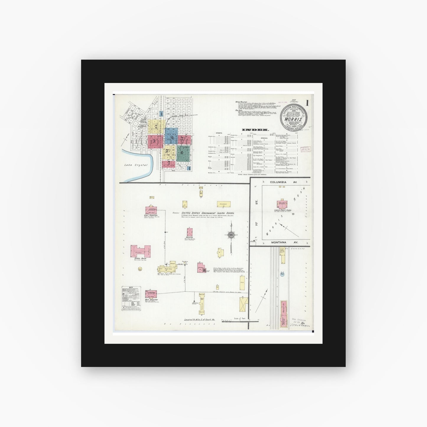 Old map wall art mockup — black gallery frame with white mat — Sanborn Fire Insurance Map from Morris, Stevens County, Minnesota (1909) - Complete Map Set
