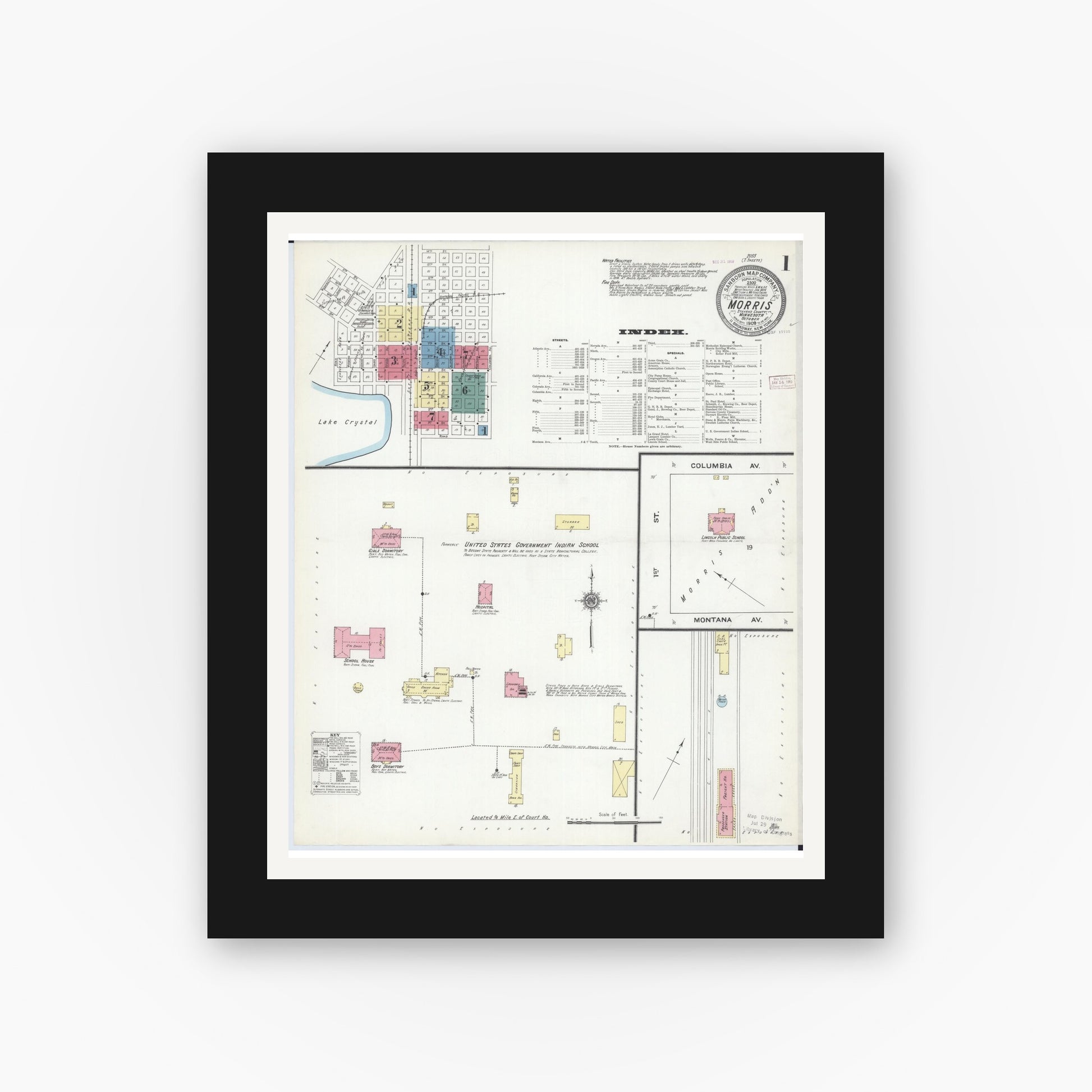 Old map wall art mockup — black gallery frame with white mat — Sanborn Fire Insurance Map from Morris, Stevens County, Minnesota (1909) - Complete Map Set