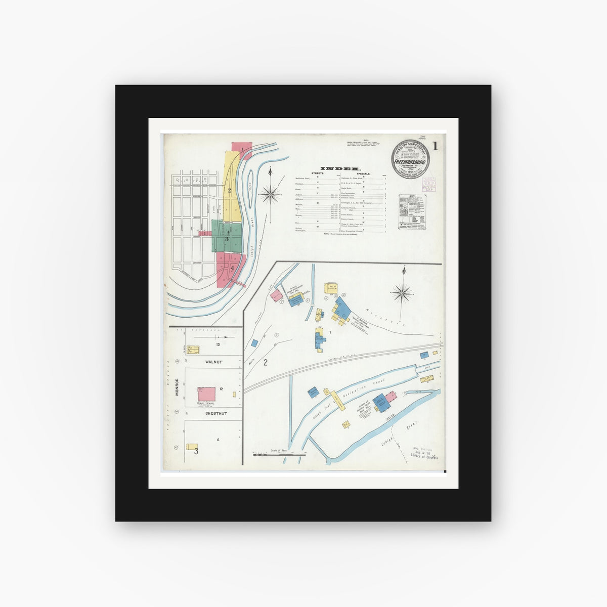 Old map wall art mockup — black gallery frame with white mat — Sanborn Fire Insurance Map from Freemansburg, Northampton County, Pennsylvania (1905) - Complete Map Set
