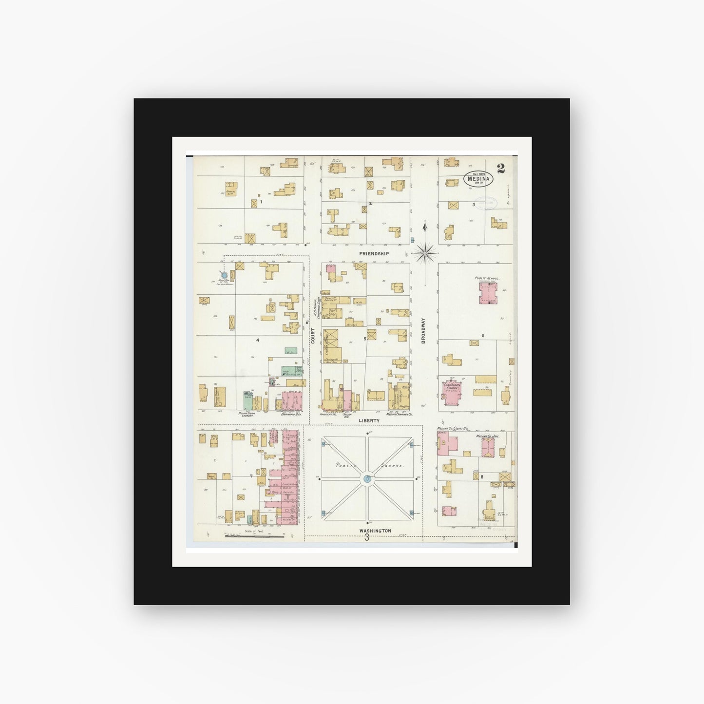 Old map wall art mockup — black gallery frame with white mat — Sanborn Fire Insurance Map from Medina, Medina County, Ohio (1897), Sheet #0002