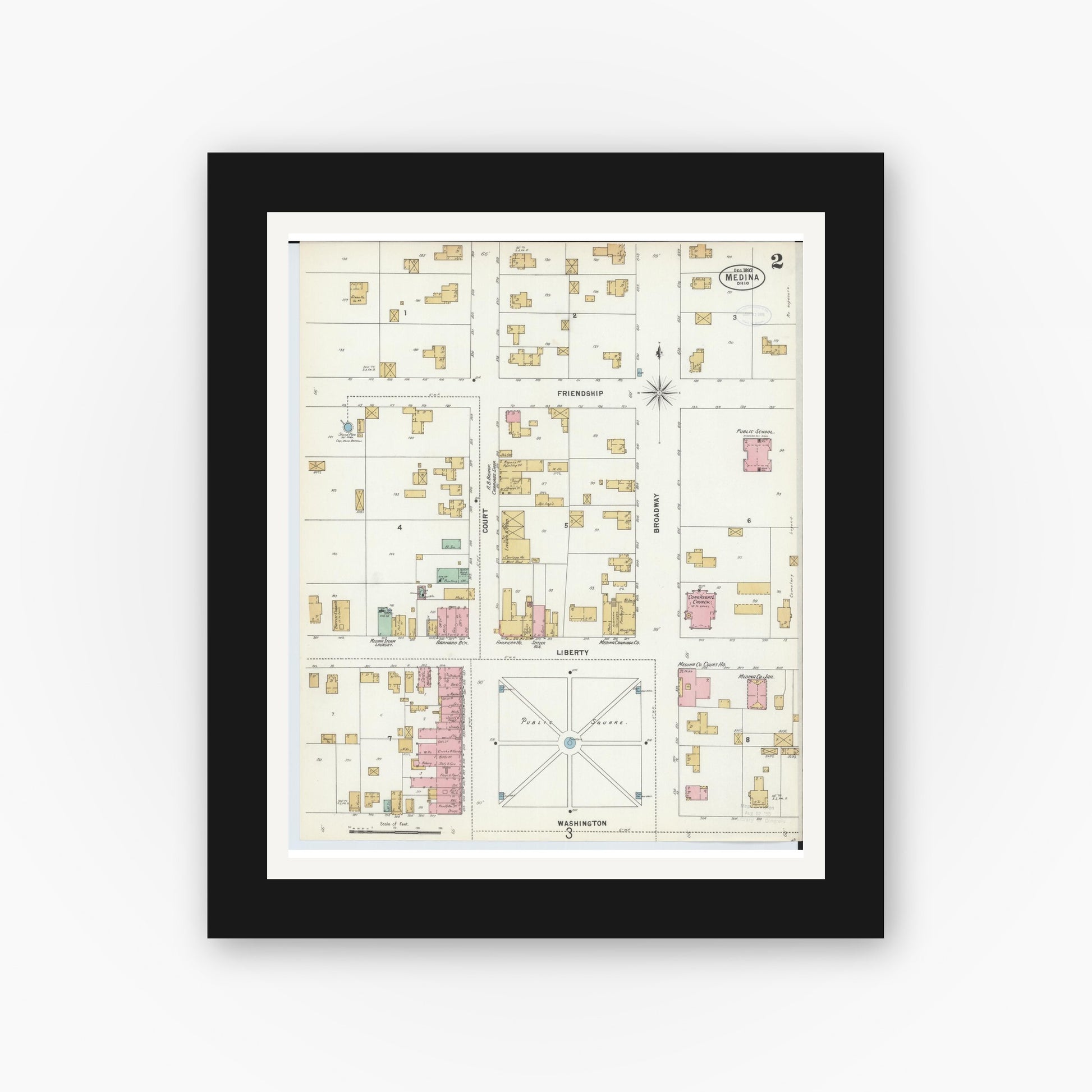 Old map wall art mockup — black gallery frame with white mat — Sanborn Fire Insurance Map from Medina, Medina County, Ohio (1897), Sheet #0002