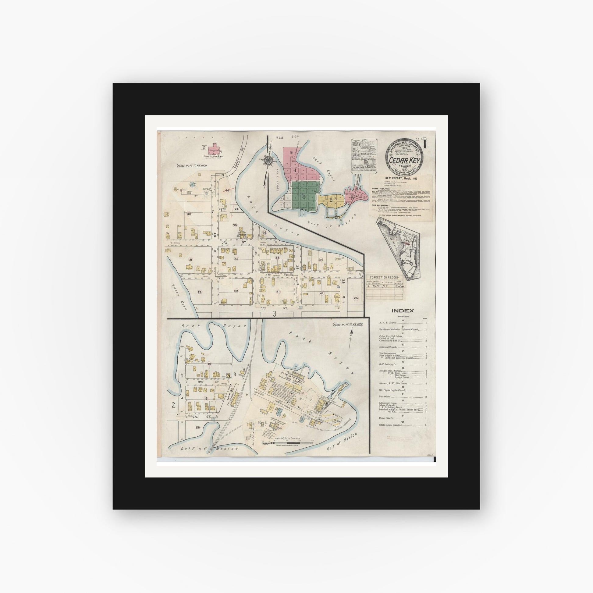 Old map wall art mockup — black gallery frame with white mat — Sanborn Fire Insurance Map from Cedar Key, Levy County, Florida (1933) - Complete Map Set