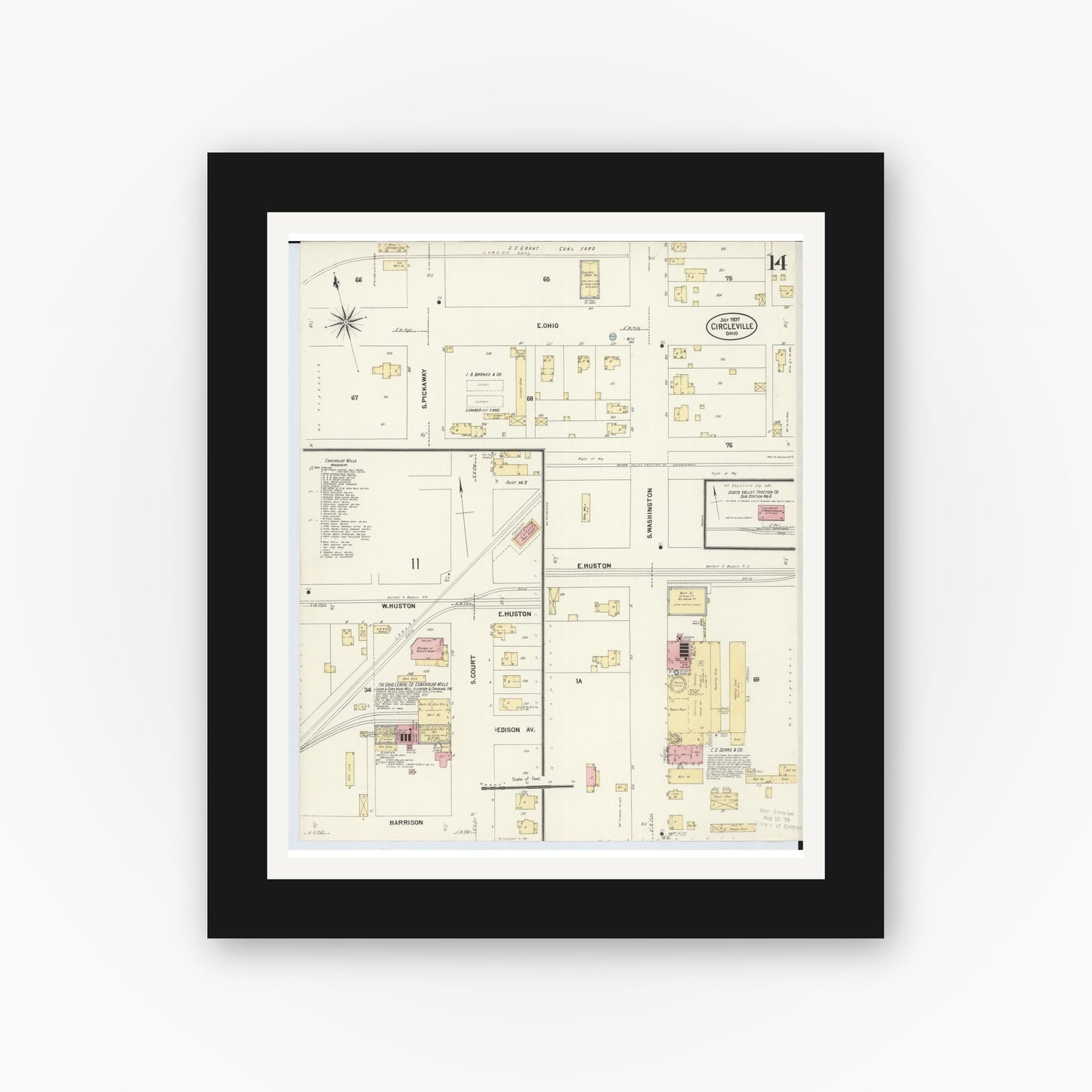 Old map wall art mockup — black gallery frame with white mat — Sanborn Fire Insurance Map from Circleville, Pickaway County, Ohio (1907), Sheet #0014