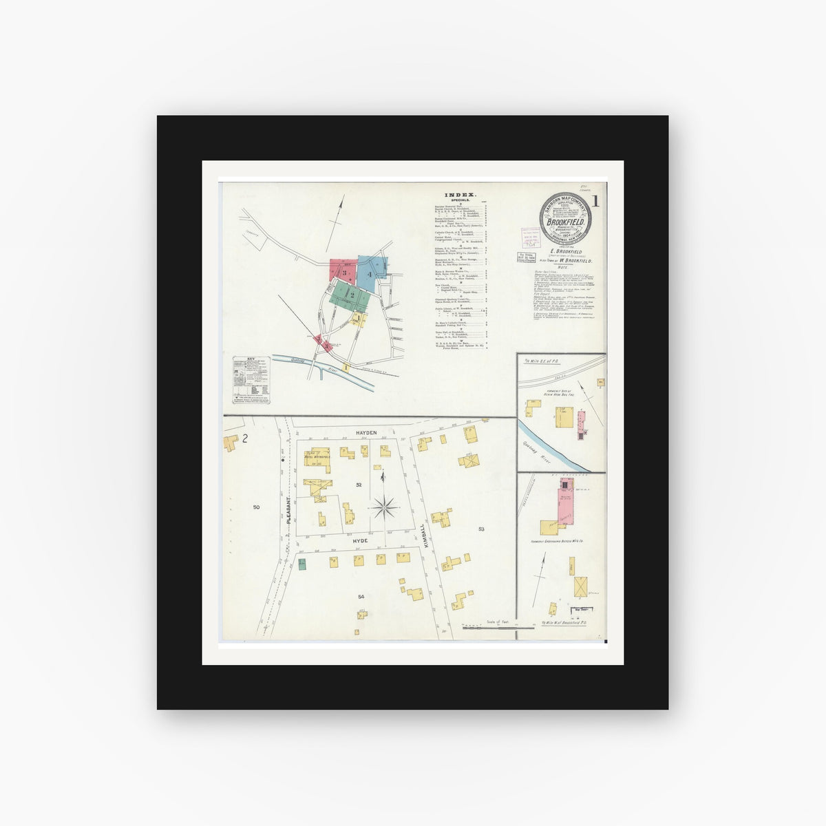 Old map wall art mockup — black gallery frame with white mat — Sanborn Fire Insurance Map from Brookfield, Worcester County, Massachusetts (1904) - Complete Map Set