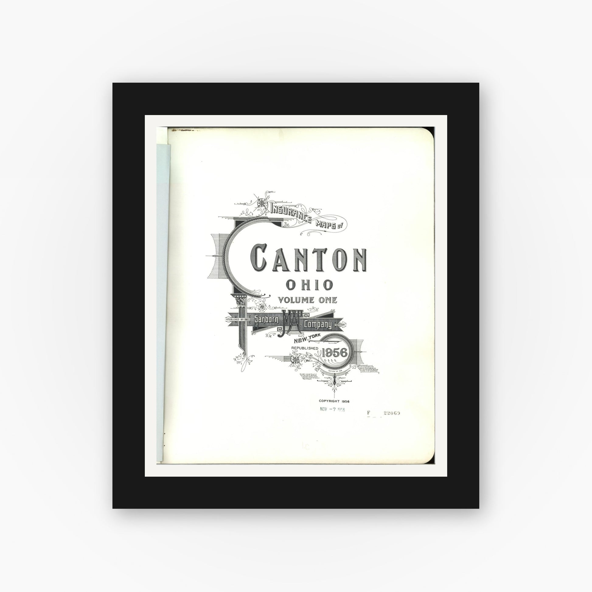 Old map wall art mockup — black gallery frame with white mat — Sanborn Fire Insurance Map from Canton, Stark County, Ohio (1956), Sheet #0001