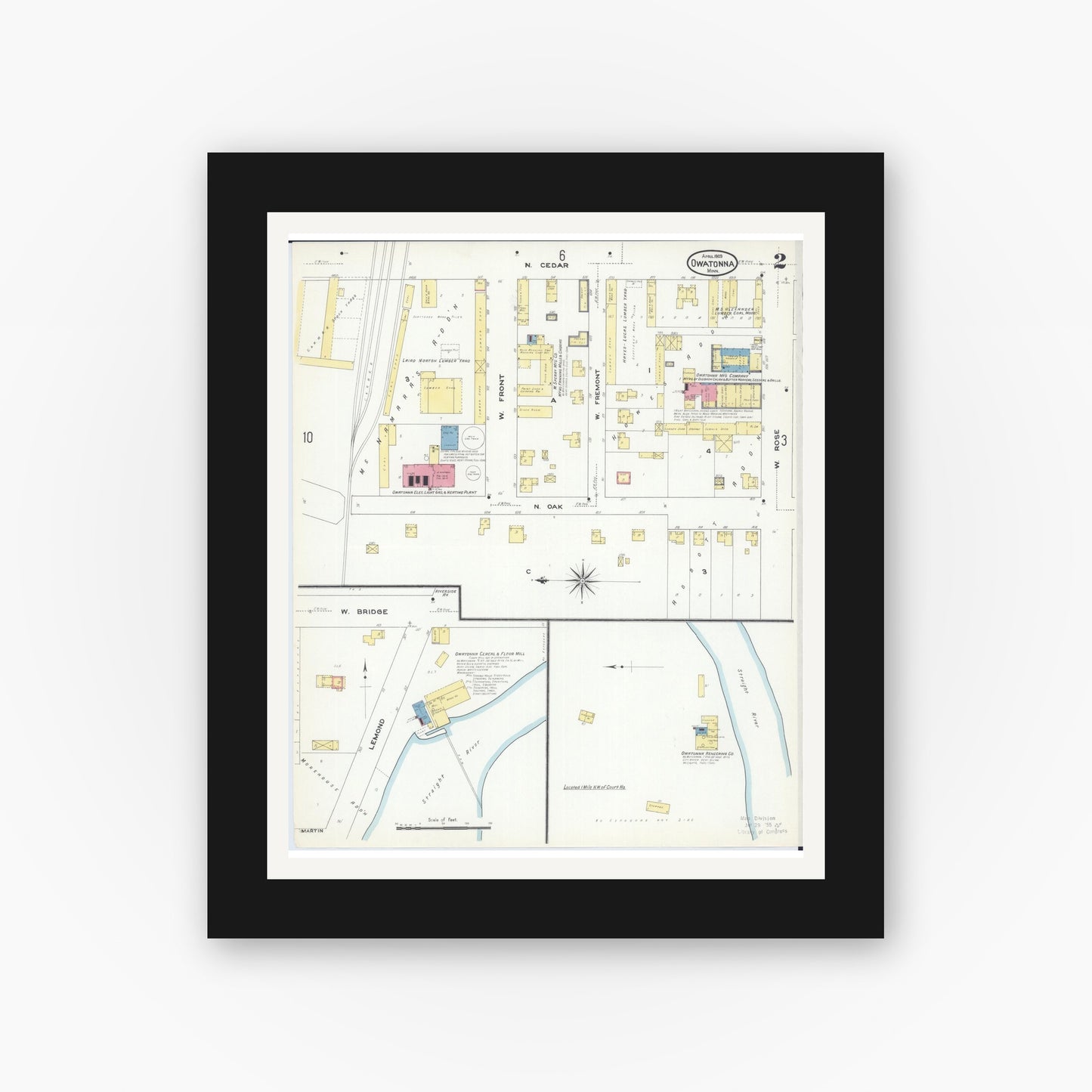 Old map wall art mockup — black gallery frame with white mat — Sanborn Fire Insurance Map from Owatonna, Steele County, Minnesota (1909), Sheet #0002