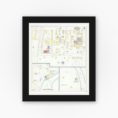 Old map wall art mockup — black gallery frame with white mat — Sanborn Fire Insurance Map from Owatonna, Steele County, Minnesota (1909), Sheet #0002