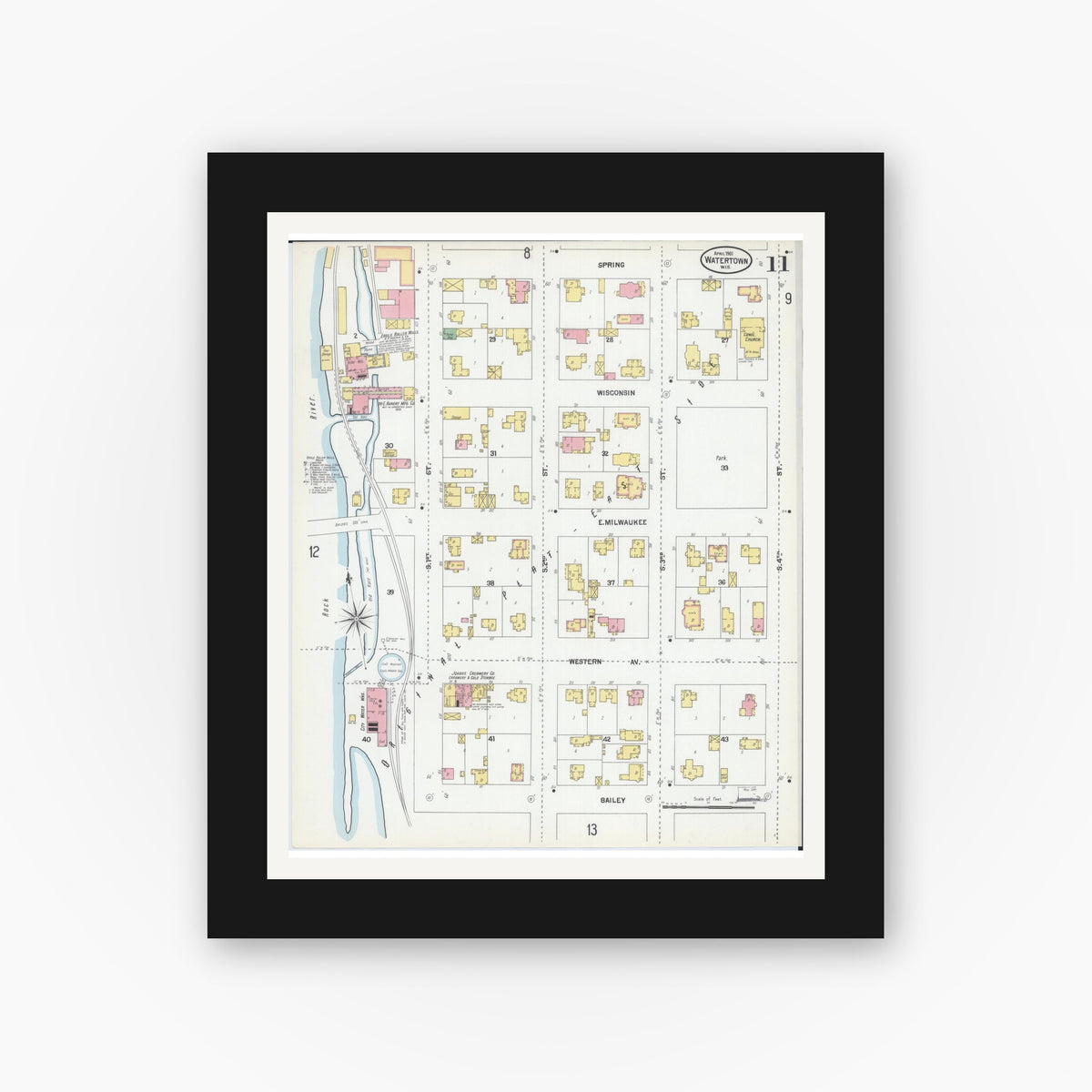 Old map wall art mockup — black gallery frame with white mat — Sanborn Fire Insurance Map from Watertown, Jefferson County, Wisconsin (1901), Sheet #0011