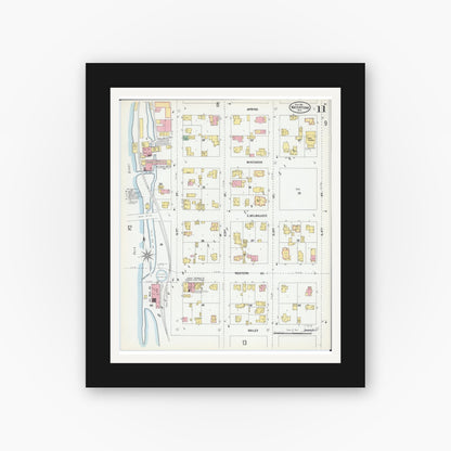 Old map wall art mockup — black gallery frame with white mat — Sanborn Fire Insurance Map from Watertown, Jefferson County, Wisconsin (1901), Sheet #0011