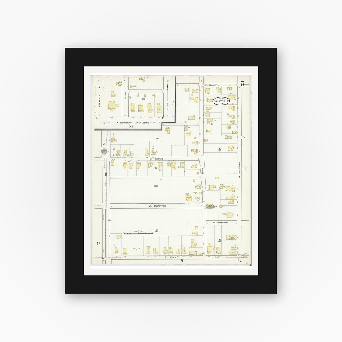 Old map wall art mockup — black gallery frame with white mat — Sanborn Fire Insurance Map from Gainesville, Alachua County, Florida (1913), Sheet #0005