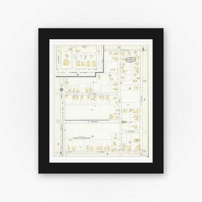 Old map wall art mockup — black gallery frame with white mat — Sanborn Fire Insurance Map from Gainesville, Alachua County, Florida (1913), Sheet #0005
