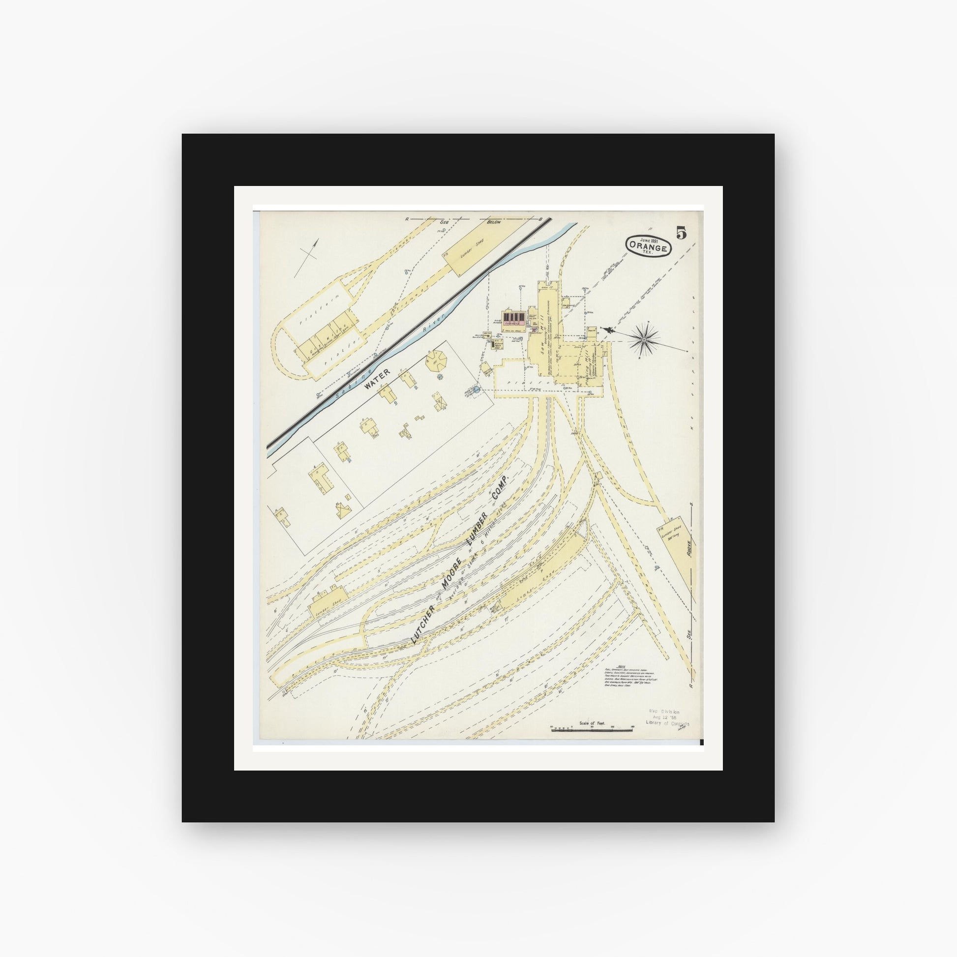 Old map wall art mockup — black gallery frame with white mat — Sanborn Fire Insurance Map from Orange, Orange County, Texas (1891), Sheet #0005