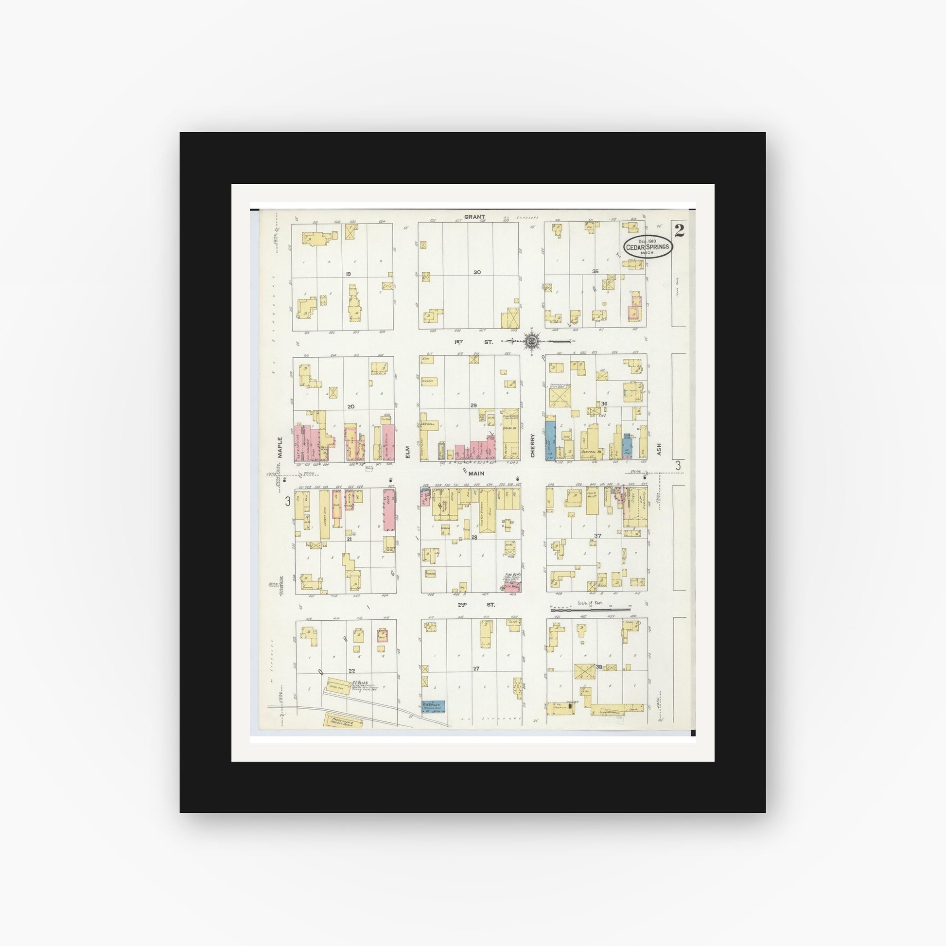 Old map wall art mockup — black gallery frame with white mat — Sanborn Fire Insurance Map from Cedar Springs, Kent County, Michigan (1910), Sheet #0002