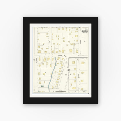 Old map wall art mockup — black gallery frame with white mat — Sanborn Fire Insurance Map from Waxahachie, Ellis County, Texas (1909), Sheet #0011