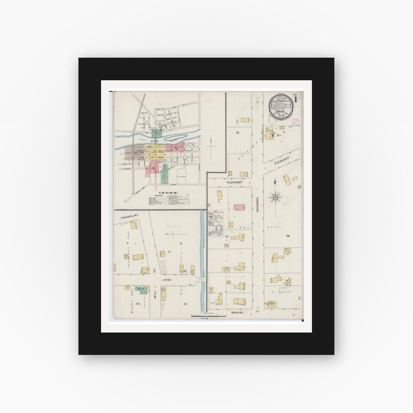 Old map wall art mockup — black gallery frame with white mat — Sanborn Fire Insurance Map from Omro, Winnebago County, Wisconsin (1895), Sheet #0001